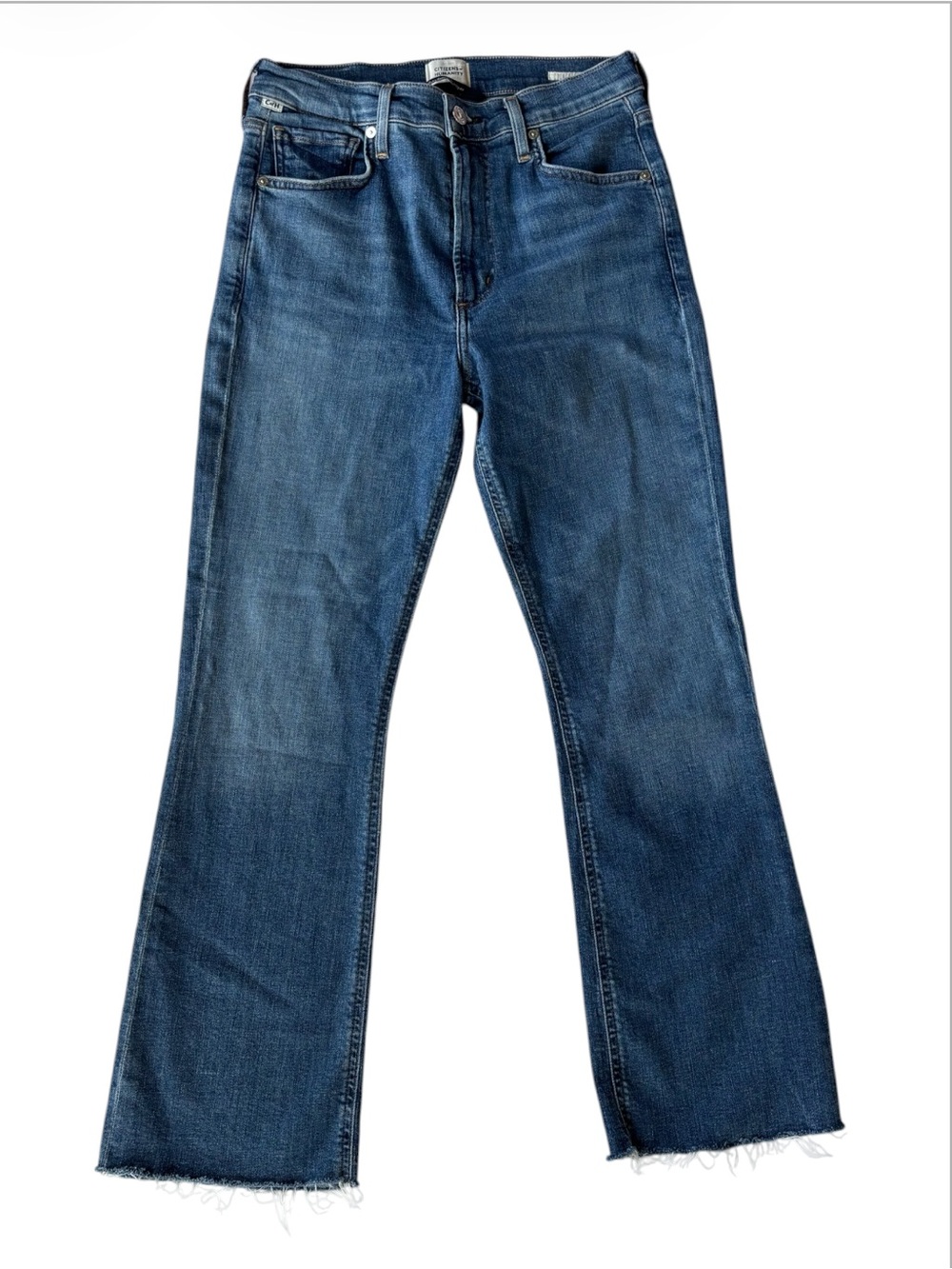 Citizens of Humanity Isola High Rise Crop Flare Denim Jeans Raw Hem 28